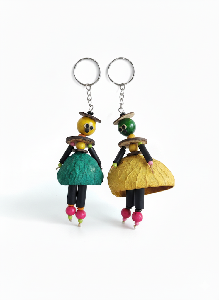 Handmade Coconut Shell Doll Keychain Set - Indonesia