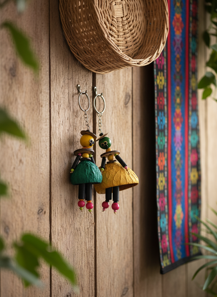 Handmade Coconut Shell Doll Keychain Set - Indonesia